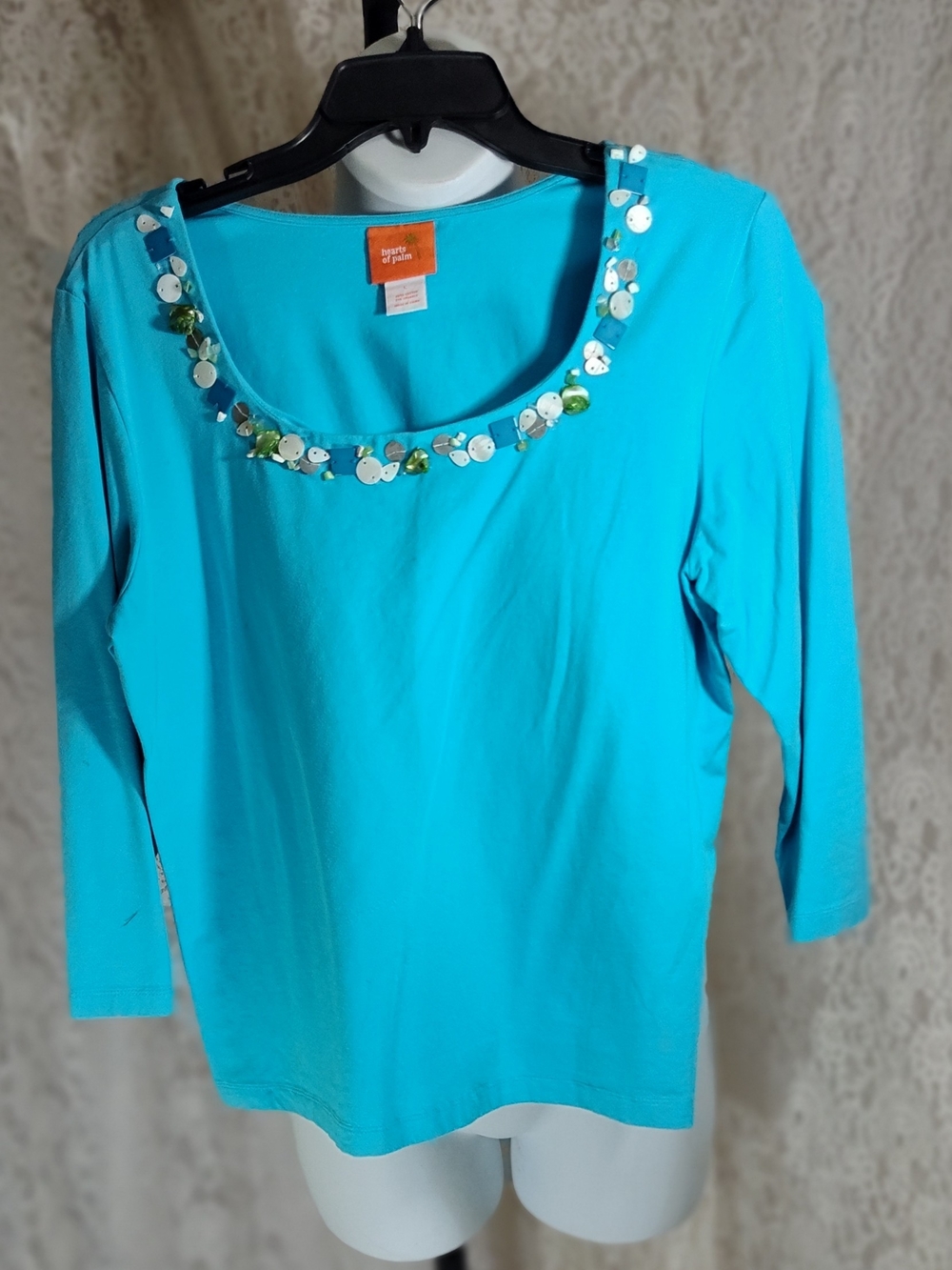 hearts of palm Turquoise Long-Sleeve Scoop Neck Top with Sequin Trim